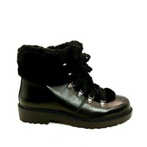 Lands End Womens Leather Faux Fur Cuff Ankle Boots